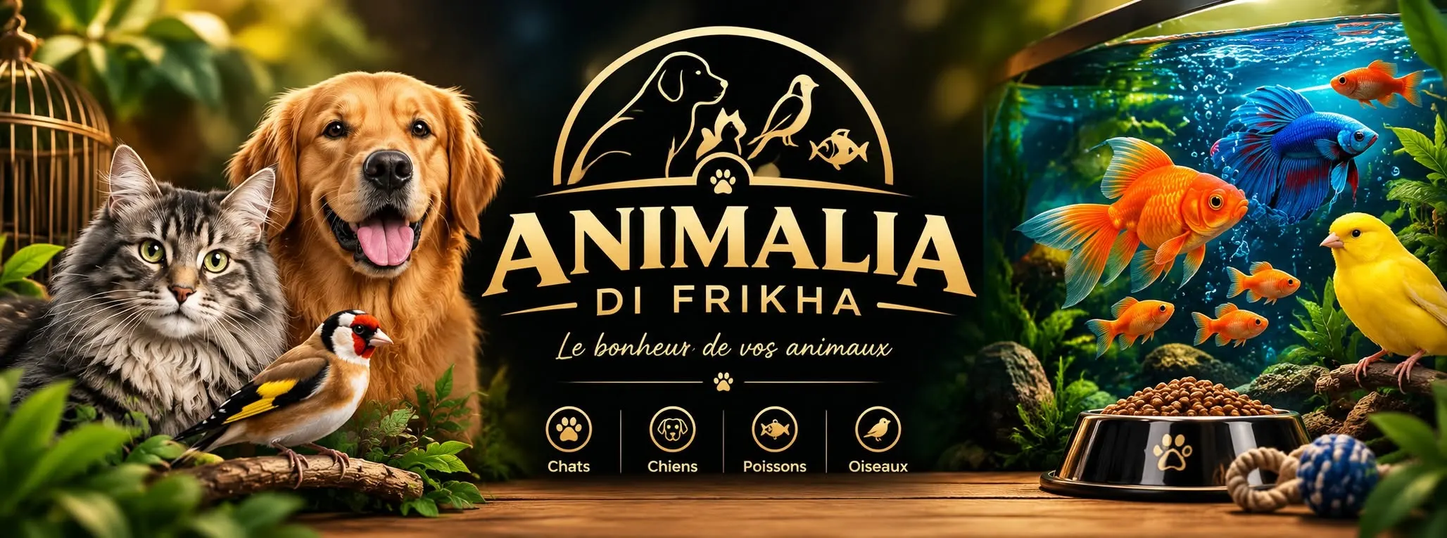 Bannière Animalia Di Frikha : chat, chien, chardonneret, poissons et canari autour du logo, « Le bonheur de vos animaux »